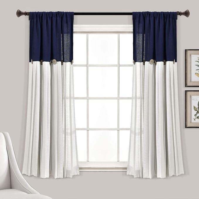 Lush Decor Linen Button Window Curtain Panel, Single, 40" W x 63" L, Navy & Off-white - Country Curtains - Rustic Decor - Color Block Modern Farmhouse Curtains For Living Room, Bedroom & Dining Room