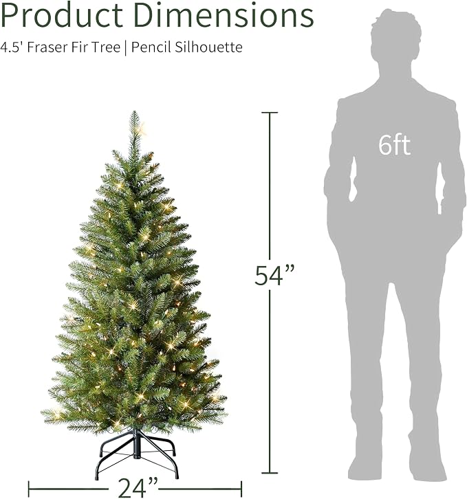 Puleo International 4.5ft Pre-Lit Fraser Fir Pencil Christmas Tree with 150 Clear Lights, 401 Realistic Dense Branch Tips, Easy Setup Artificial Trees with Sturdy Metal Stand