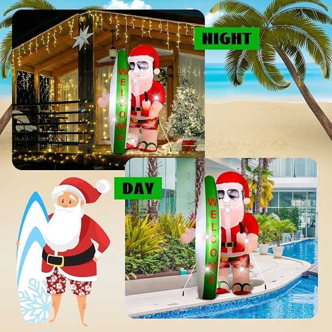 VIHOSE 5.4 Ft Christmas Inflatable Decorations Hawaiian Tropical Santa Claus on Beach Blow Up Yard Decor Build in Led Lights for Indoor Outdoor Garden Lawn Holiday Party