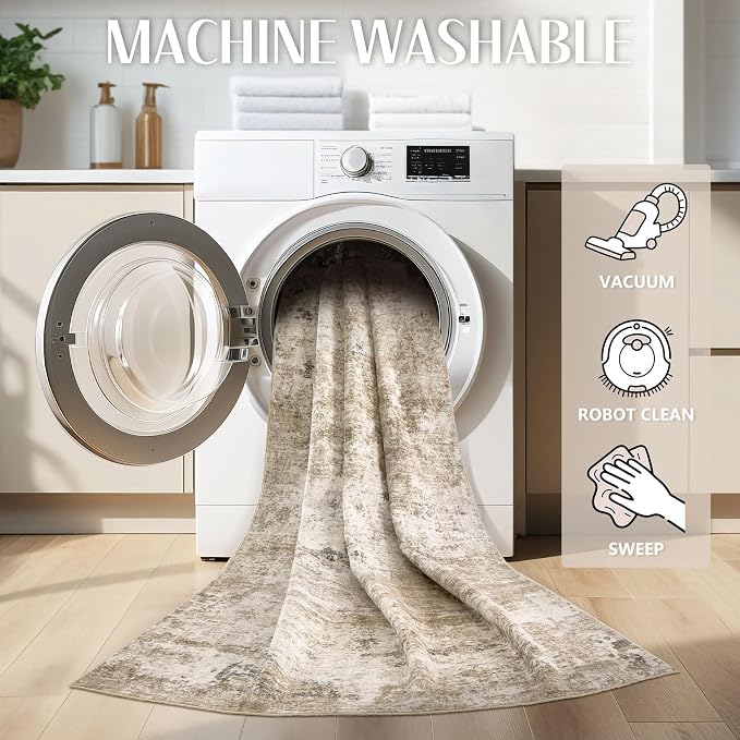 Abstract 10x12 Area Rug: Machine Washable Non Slip Ultra Thin Low-Pile Carpet, Soft Stain Resistant for Living Dining Room Bedroom, Kid Pet Friendly, Robot Vacuum Compatible - Brown