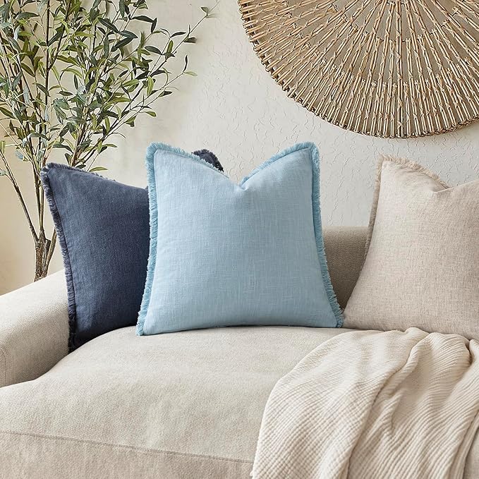 Foindtower Set of 2 Decorative Linen Fringe Throw Pillow Covers Cozy Boho Farmhouse Cushion Cover with Tassels Soft Accent Pillowcase for Couch Sofa Bed Living Room Home Decor,20×20 Inch,Light Blue