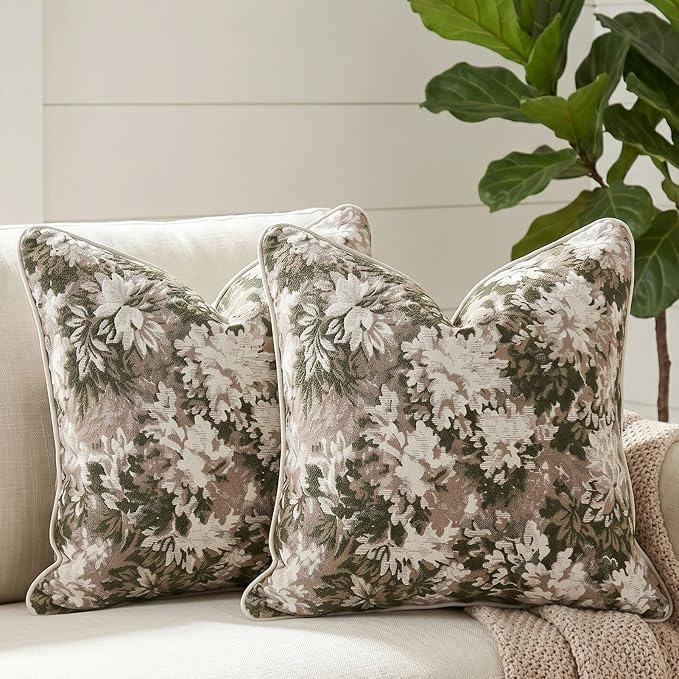 Vintage Floral Throw Pillow Covers 20x20 Inches Set of 2 Boho Farmhouse Pillow Cases Premium Chenille Textured Decorative Cushion Covers for Couch Retro Garden Farmhouse Style Green