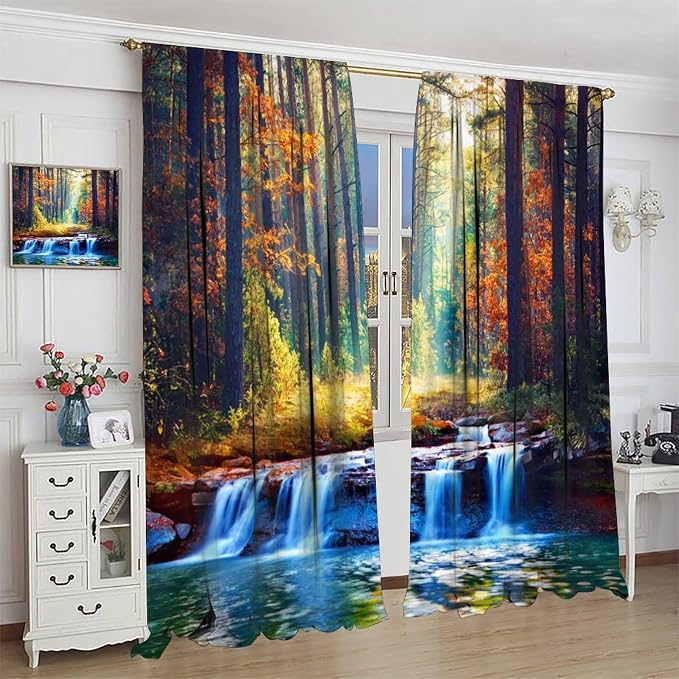 Natural Forest Blackout Curtains for Kitchen,Vintage Rustic Primitive Maple Forest Waterfall River Landscape Window Drapes Print for Boys Girls Bedroom Living Room 52x96in