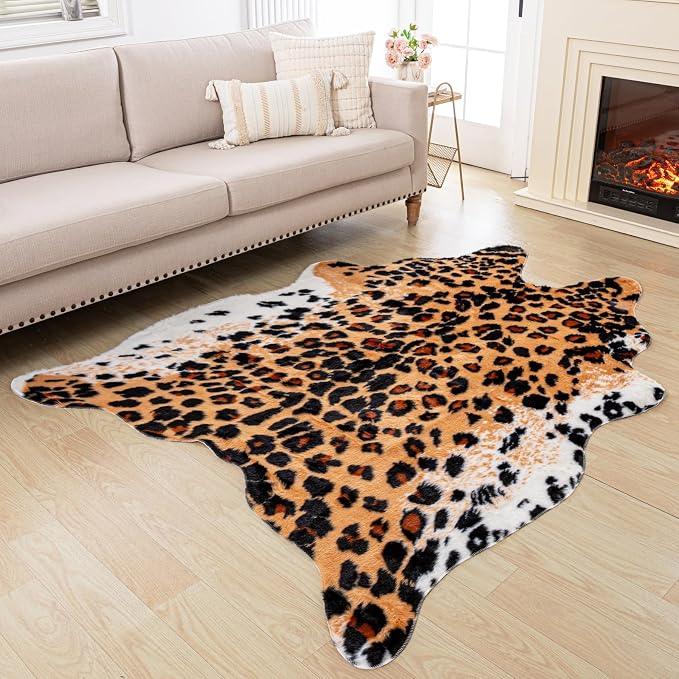 Huichenxing2021FURSTORE Leopard Print Rug, Cheetah Rug 5.3ft x 6.7ft Large Faux Cowhide Skin Mat Animal Print Area Rugs for Living Room Bedroom Nursery Home Office Brown
