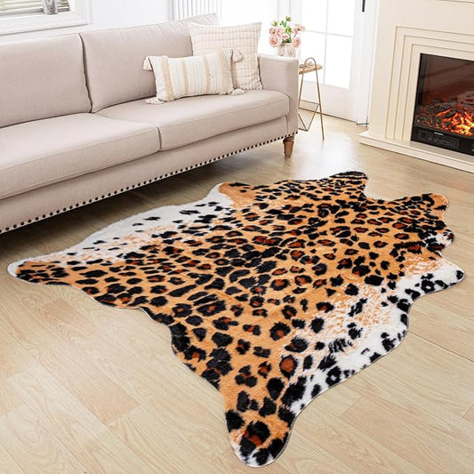 Huichenxing2021FURSTORE Leopard Print Rug, Cheetah Rug 5.3ft x 6.7ft Large Faux Cowhide Skin Mat Animal Print Area Rugs for Living Room Bedroom Nursery Home Office Brown