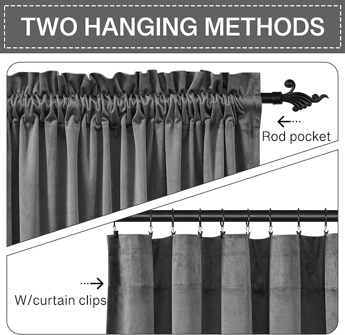StangH Super Soft Thick Thermal Insulated Velvet Curtains Rod Pocket Room Darkening Privacy Window Treatment Drapes Short Curtains for Bedroom/Dining Room, Grey, W52 x L72, 2 Panels