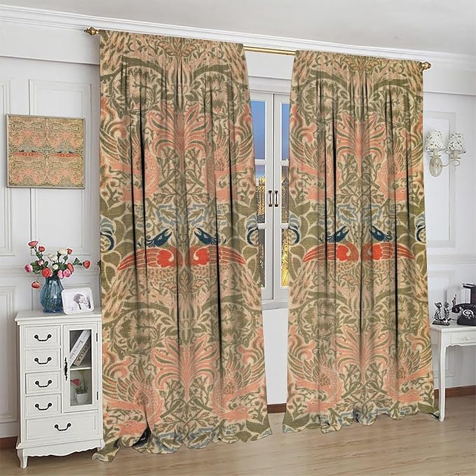 Retro Bohemian William Morris Blackout Window Curtains, Vintage Peacock Abstract Art Pattern Print Window Drapes, for Bedroom Living Room 27.5(W)*63(L) 2 Panels