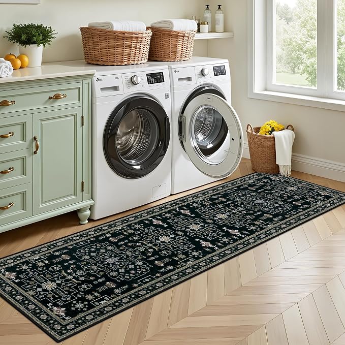 Hallway Runner Rug Non Slip - Washable 2.6x8 Kitchen Rugs for Living Room, Low-Pile Soft Bedroom Rug Indoor Floor Stain Resistant Carpets for Entryway, Laundry, Bathroom Black