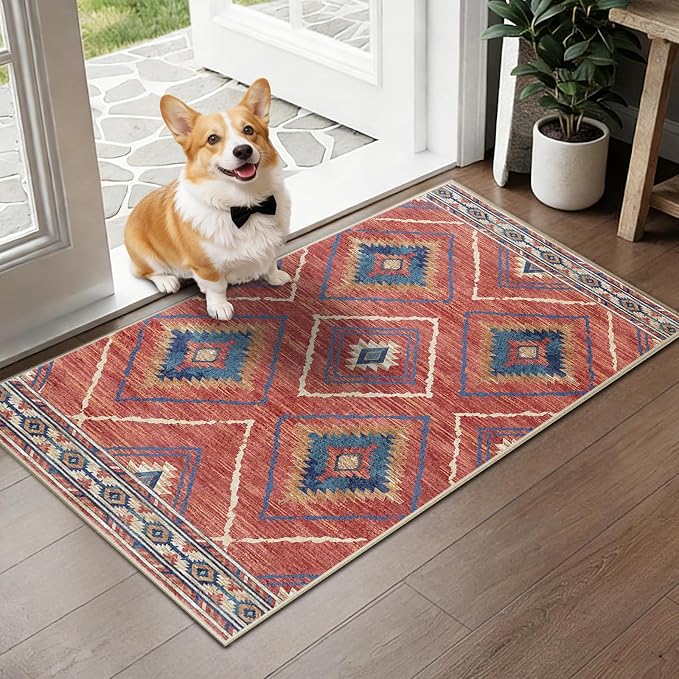 BESTSWEETIE Area Rug 2x4 Rug Machine Washable Non-Slip Low Pile Print Pattern Western Rug for Living Room Bedroom Entryway Tribal Series-Red/Orange