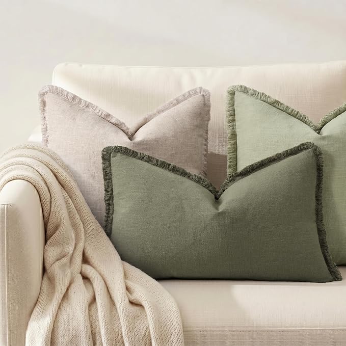 decorUhome Linen Fringe Lumbar Throw Pillow Covers Set of 2 Decorative Olive Green Pillow Covers with Tassels Soft Accent Boho Farmhouse Pillow Cases for Couch Bed Sofa 12x20 Inch