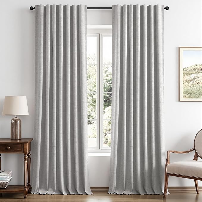 MIULEE 100% Blackout Linen Curtains for Bedroom, Greyish White Solid Luxury Decor Thermal Insulation Room Darkening Drapes for Living Room Back Tab Rod Pocket 42 x 96 Inches, 2 Panels