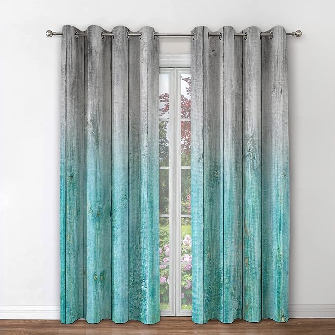 Jekeno Wooden Blackout Curtains Blue Gradient Wood Board of Farmhouse Village Rural Lodge Nature Retro Decor for Home Bedroom Living Room Grommet Window Drapes 2 Panel Set, 42"x54"