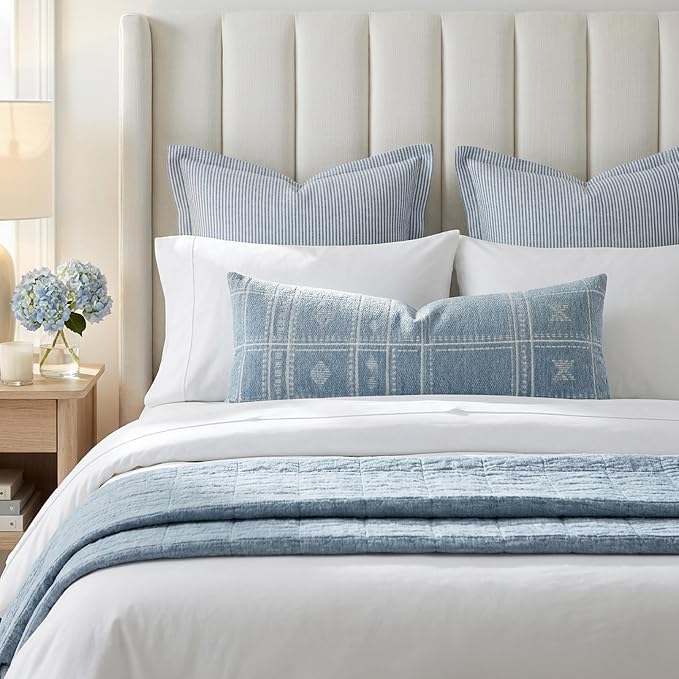 BlissBlush Decorative Lumbar Pillow Cover 14x36, Long Decorative Throw Pillow for Bed,Coastal Blue Textured Chenille Accent Pillowcase for Bedroom Home Décor (Cover Only)