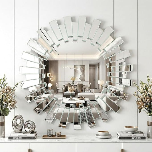 PERHOM Sliver Sunburst Mirror,26" Large Round Starburst Mirror,Boho Sun Mirrors for Living Room, Bedroom, Entryway, Dinner Room, Fireplace
