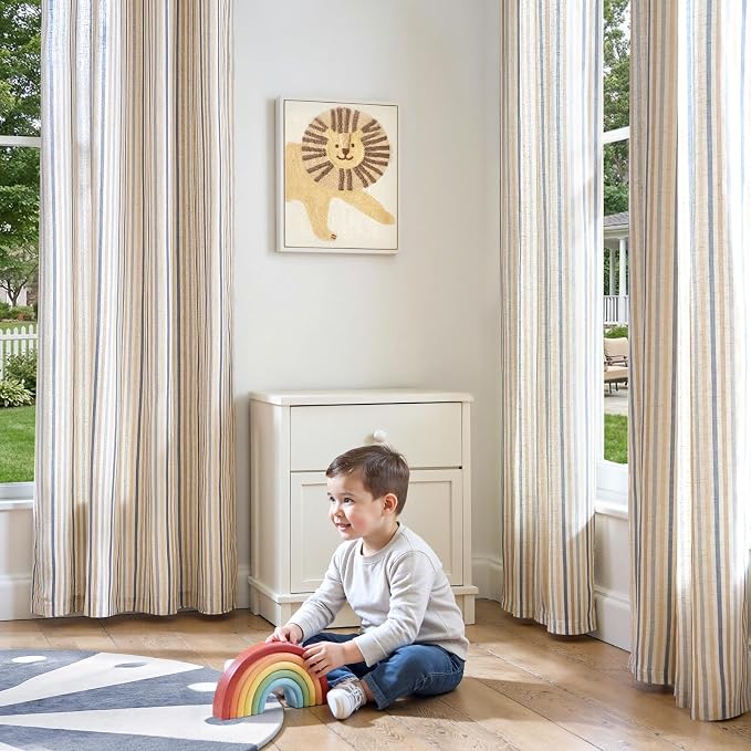 jinchan Linen Curtains 63 inch Blue Stripe for Kids Room Grommet 2 Panels | Kids Curtains for Nursery Living Room Bedroom Baby Boys Room,Cute Colorful Ticking Stripe,Cottagecore Rustic,Light Filtering