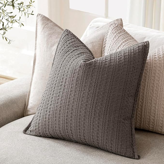 Foindtower Set of 2 Decorative Cotton Waffle Weave Throw Pillow Covers Euro Shams Cushion Covers Accent European Pillowcase for Bed Couch Sofa Bedroom Living Room Home Decor 24×24 Inch Taupe Gray