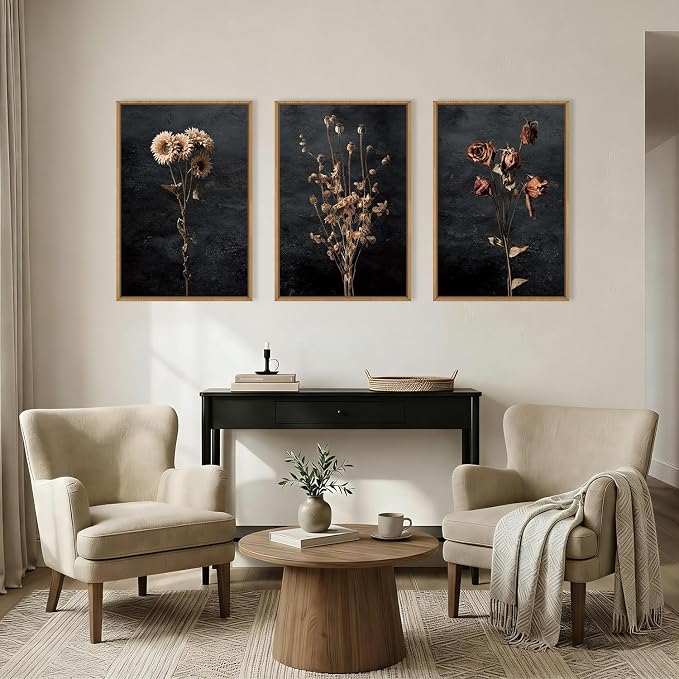 Large Moody Dark Floral Framed Canvas Wall Art Set,Vintage Mid Century Dried Flower Wall Decor,Modern Boho Wildflower Botanical Artwork for Living Room,Bedroom,Farmhouse-16 x24 x3