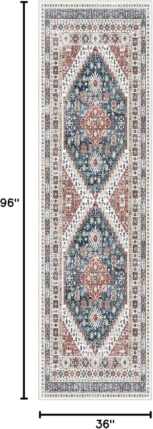 Madane Hallway Runner 3x8, Kitchen Rugs Washable Entry Rug, Navy Blue | Vintage Non Slip Entryway Indoor Area Rugs, Soft Low-Pile Farmhouse Wide Carpet Runners for Bathroom Living Room Bedroom