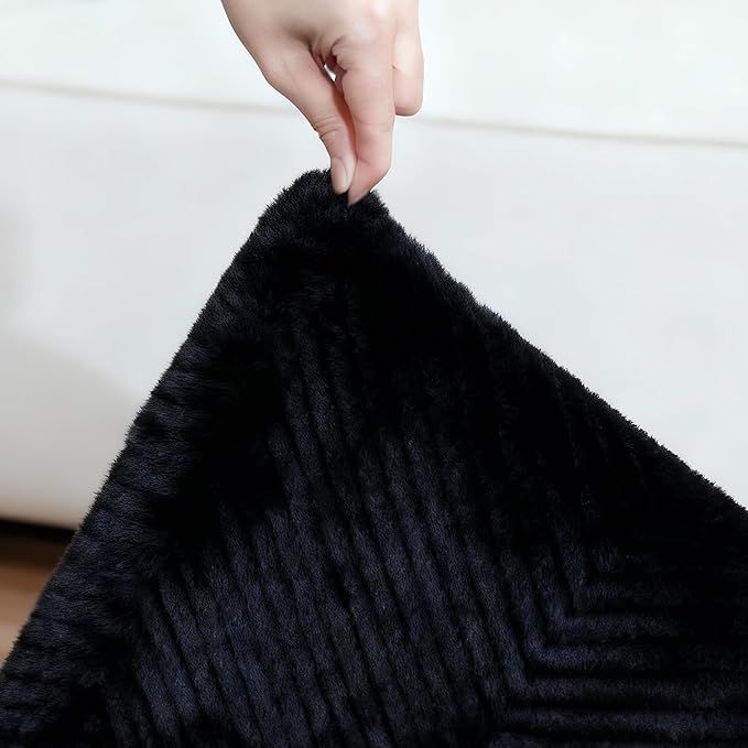 Area Rug for Living Room - 6x9 Soft Faux Rabbit Fur Modern Geometric Wave Carpet for Bedroom, Black