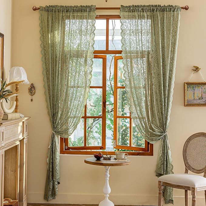 ALIGOGO Sage Green Lace Curtains 96 Inches Long - Country Rustic Floral Lace Sheer Curtains 2 Panels Set for Living Room, Privacy Scalloped Window Drapes, 52 x 96 Inch, Sage Green