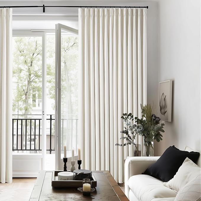 Natural Linen 100% Black Out Pinch Pleated Curtains 108 Inches Long 2 Panels Set for Bedroom Cream Back Tab Thermal Insulated Energy Efficient Blackout Curtains Living Room High Ceiling Length 9 Ft