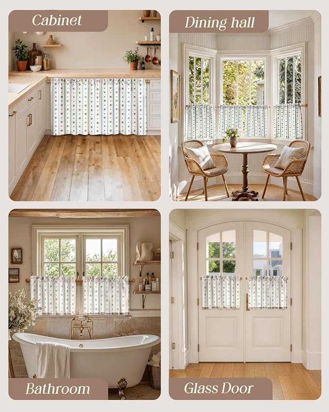 Miss Adola Farmhouse Kitchen Tier Curtains - 18 Inch Length Linen Blend Boho Cafe Curtains Blue Floral Small Window Treatments Over Sink Rod Pocket for Bathroom Living Room Light Filtering, 2 Panels