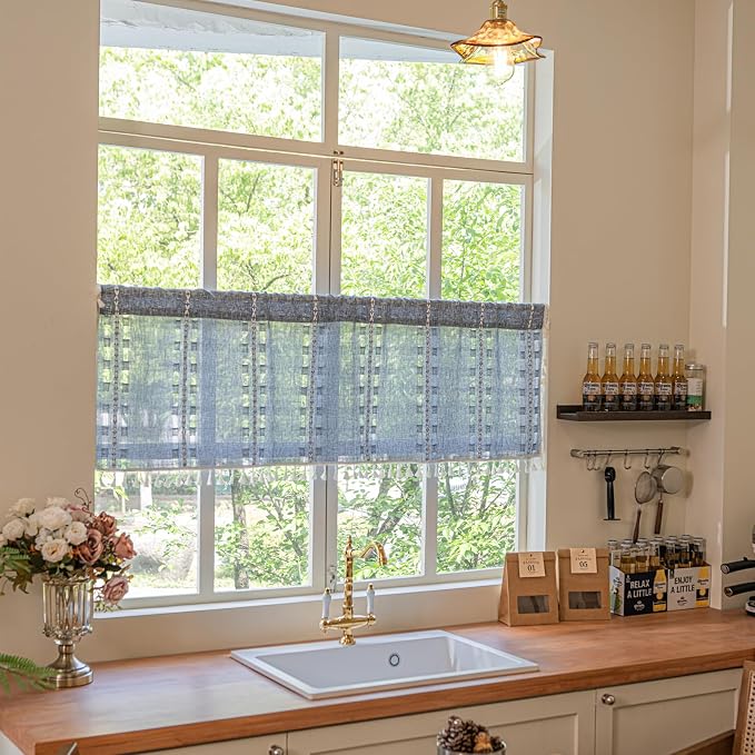 Deeprove Boho Valance Window Kitchen Curtain Over Sink, Textured Striped Drape Short Semi Sheer Privacy Tier Embroidered Chic for Cafe Restaurant Closet Bathroom, W52 x L18 inch 1 Panel Denim Blue