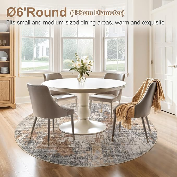 DMOYEST 6ft Round Area Rug Living Room Rugs - 6x6 Washable Large Soft Indoor Neutral Modern Abstract Low Pile Rug Carpet for Bedroom Dining Room Farmhouse Home Office - Grey Brown