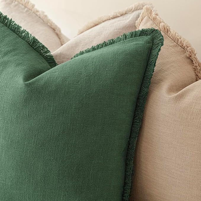 Foindtower Set of 2 Decorative Linen Fringe Lumbar Throw Pillow Covers Boho Farmhouse Cushion Cover with Tassels Soft Accent Pillowcase for Couch Sofa Bed Living Room Home Decor,12×20 Inch,Pine Green