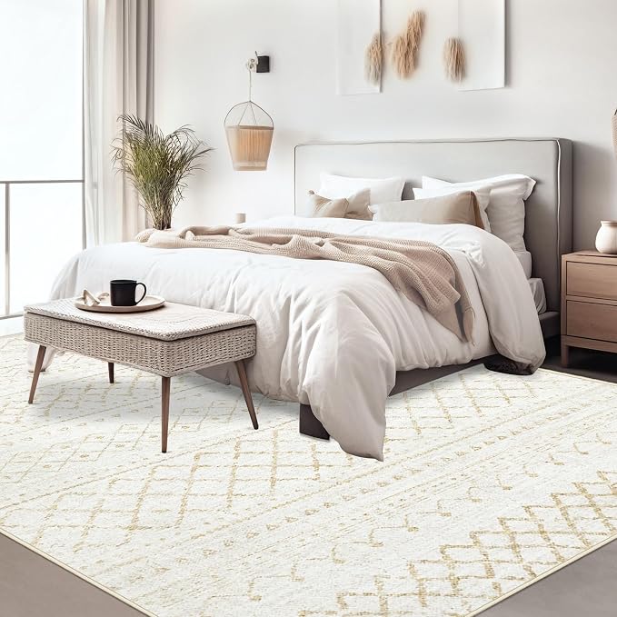 Area Rug for Living Room 10x14: Large Washable Boho Moroccan Rugs Geometric Neutral Rug, Non-Slip Foldable Morden Farmhouse Indoor Floor Carpet for Bedroom Dining Room Home Office（Beige,10'x14'）