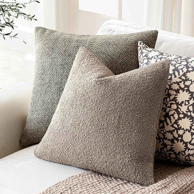 Foindtower Set of 2, Decorative Textured Boucle Throw Pillow Covers Accent Solid Pillow Cases Neutral Soft Cozy Couch Cushion Case for Chair Sofa Bedroom Living Room Home Decor 26x26 Inch Light Taupe