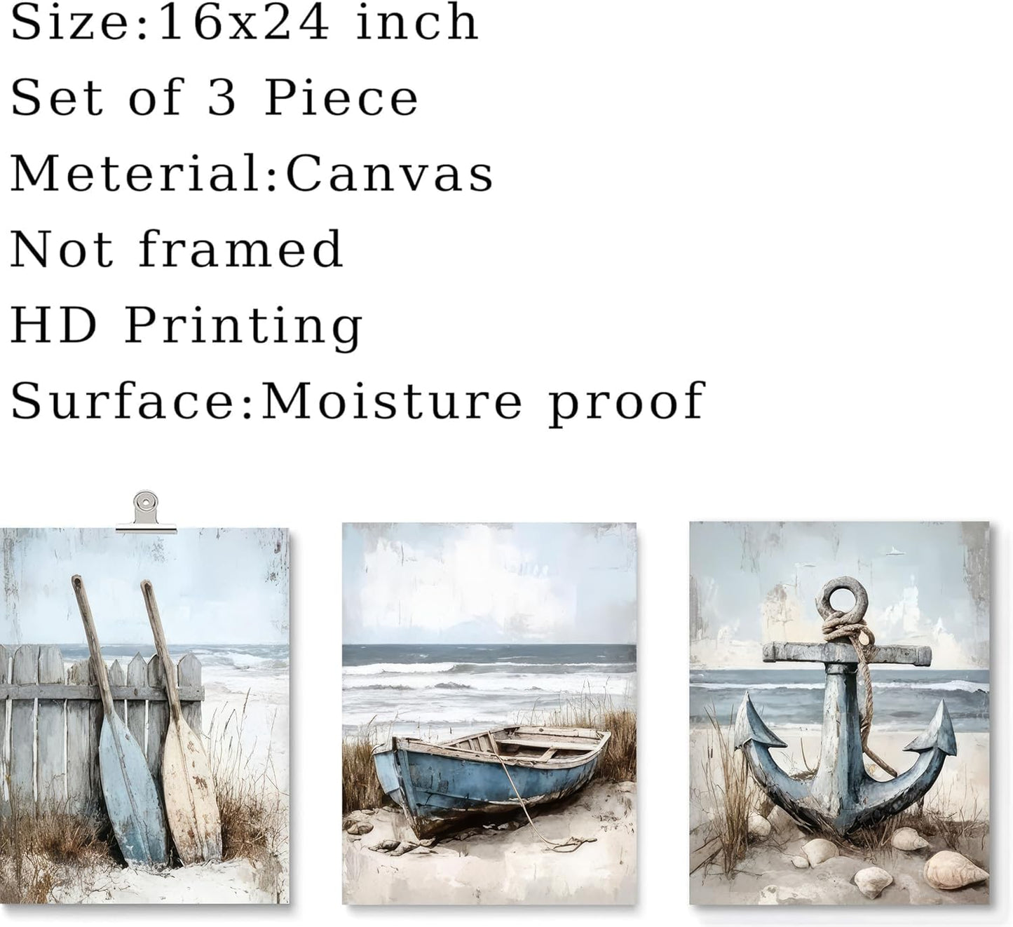 3Pcs Nautical Beach Wall Art Sailboat Paddle and Anchor Paintings Pictures Wall Decor Nautical Coastal Posters Prints Artwork for Living Room Bedroom Home Office Corridor Home Decroation Unframed