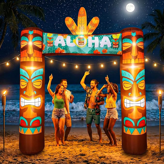 Jenaai 9.5 FT Giant Tiki Themed Inflatable, LED Blow up Tiki Arch for Party, Luau Hawaiian Tropical Beach Party Decorations for Summer Pool Yard Garden Favors Supplies