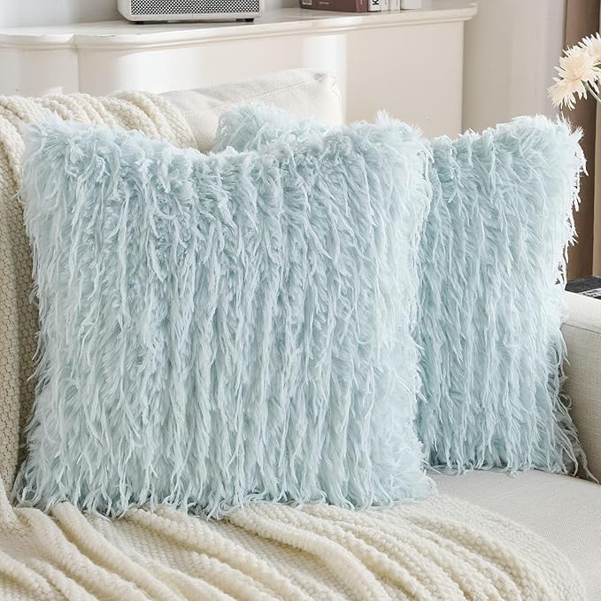 FUTEI Pack of 2 Faux Feather Plush Throw Pillow Covers 18x18 Inch Soft Fluffy Solid Farmhouse Decorative Cushion Cases Modern Luxury Accent for Couch Bed Living Room, Light Blue