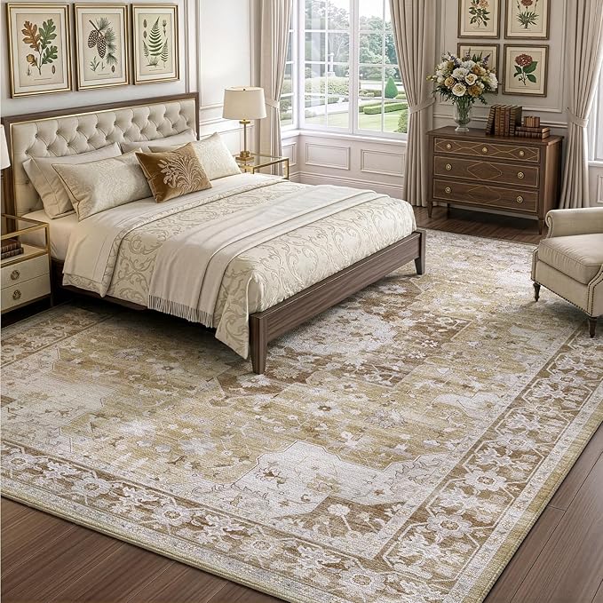 DEXI Washable Area Rug for Living Room 10x14, Vintage Farmhouse Soft Indoor Large Rugs, Stain Resistant Low Pile Carpet with Non Slip Backing for Dining Bedroom Office, Beige