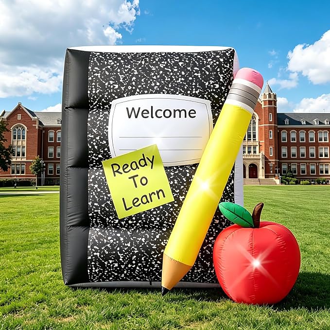 5FT Back to School Inflatable Outdoor Decorations Giant Blow Up Composition Notebook with Pencil,Built-in 3 LED Lights for First Day of School Welcome Party Classroom Garden Yard Decor Photo Props