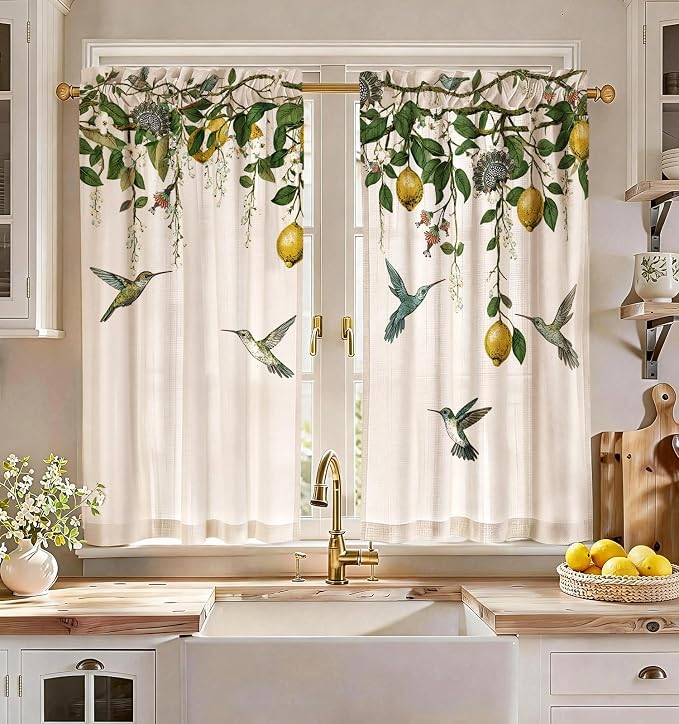 Miss Adola Farmhouse Kitchen Tier Curtains - 45 Inch Length Linen Blend Vintage Cafe Curtains Lemon Bird Small Window Treatments Over Sink Rod Pocket for Bathroom Living Room Light Filtering, 2 Panels