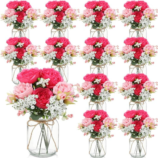 Zeyune 12 Sets Mason Jar Centerpiece Table Decorations, Artificial Peony Baby's Breath Flower Bouquets, Faux Flowers with Vase, Rustic Decor Gifts for Home, Wedding, Holiday (Pink Mix)