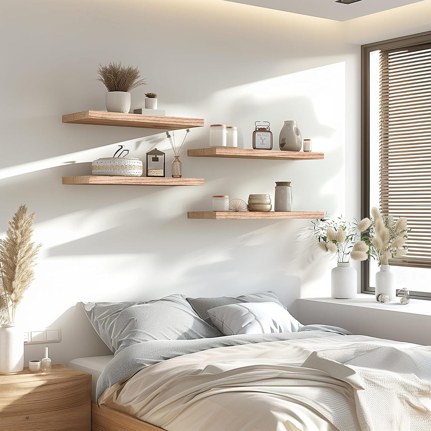 Wood Floating Shelves for Wall Decor, Rustic Wall Shelves for Bedroom Bathroom Kitchen Living Room, Set of 6 Light Walnut