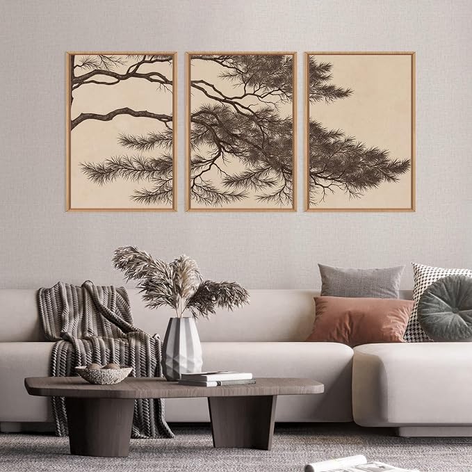 LHIUEM Large Vintage Pine Tree Branch Framed Canvas Wall Art,Sketch Botanical Wall Decor,Nature Plant Artwork,Brown Antique Etching Art Prints for Living Room,Bedroom,Office- 24"x36"x3