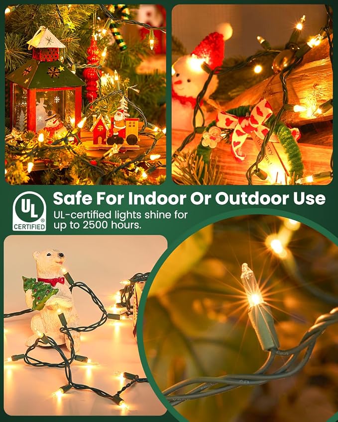 Minetom Clear Christmas String Lights 3 Pack 20 Feet 100 Counts Warm Mini Lights for Christmas Indoor Outdoor Patio Wreath Garden Wedding Party Thanksgiving Holiday Decorations, Green Wire