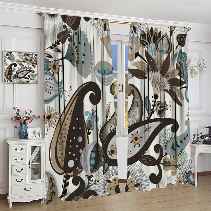 Paisley Floral Blackout Curtains, Bohemian-Style Vintage Brown Printed Window Treatments, for Bedrooms and Living Rooms52X84 Inch