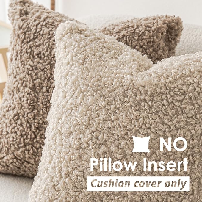 Foindtower 2 Pieces Faux Fur Throw Pillow Cover Decorative Sherpa Pillow Fuzzy Accent Pillowcases Soft Sheepskin Fleece Cushion Case for Bed Couch Living Room 26x26 Inch Oatmeal