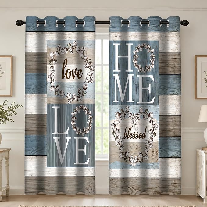 Blue Gray Rustic Window Drapes, Farmhouse Wood Plank Blackout Curtains, Room Darkening Grommet Panels for for Living Room Bedroom Decor 2 Panels 52"x84" Inch