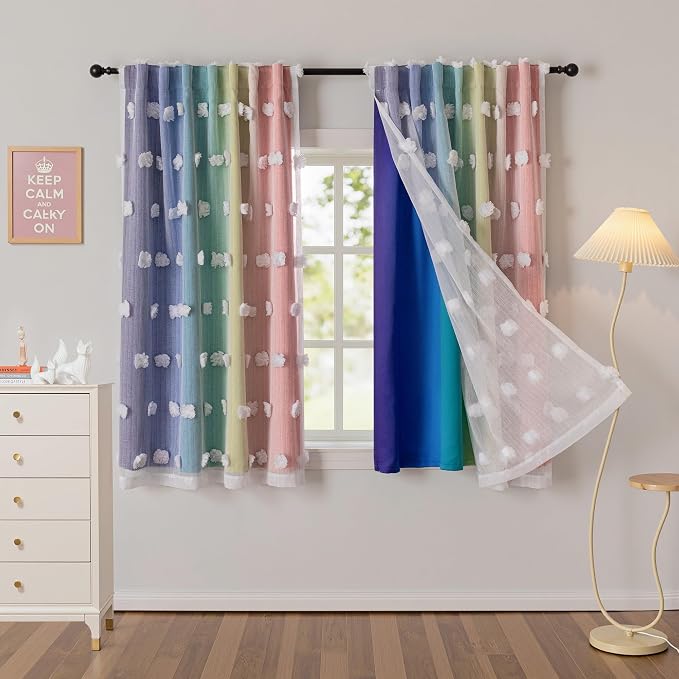 MYSKY HOME Pom Pom Sheer and Blackout Curtains Double Layer 63 Inches Long Kids Curtain for Girls Bedroom Son Room Ombre Room Darkening Window Drapes Back Tab Rainbow 52 x 63 in 2 Panels