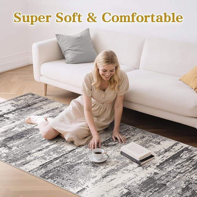 Hallway Washable Runner Rug: 3x10 Abstract Modern Soft Stain Resistant Non-Slip Backing Runner for for Entryway Kitchen Laundry - Black Grey