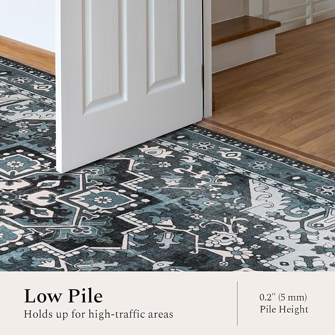 Rugflix 3x5 Area Rugs Machine Washable, Dark Navy Blue Carpet for Entryway, Oriental Indoor Area Rug Low Pile, Small Soft Thick Carpets Non Slip, Farmhouse Vintage Rug for Kitchen Laundry Room