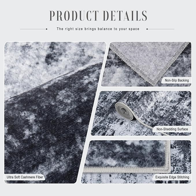 4x6 Area Rug Living Room Rug: Washable Modern Abstract Soft Thin Rug Indoor Floor No Slip Stain Resistant Carpet for Bedroom Dining Room Farmhouse Nursery Home Office - Black
