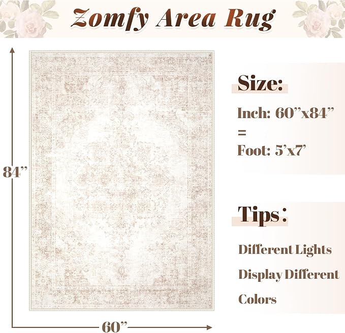 Area Rug 5x7 Vintage Rug: Washable Indoor Medallion Rugs Low Pile Distressed Floor Carpet Retro Accent Rug for Living Room Bedroom Kitchen Dining Table Home Office(Retro Beige, 5'x7')