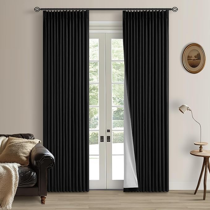 Black Pinch Pleated Linen Blackout Curtains 2 Panels for Living Room Bedroom Thermal Insulated 100% Black Out Linen Drapes with Liner Room Darkening Window Curtains 40x80